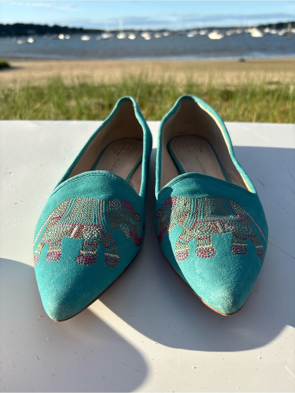 House of Harlow Women's Teal Blue Suede Elephant Embroidered Slip-On Flats, 10